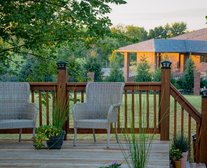 Scenic view of two comfortable chairs on a patio